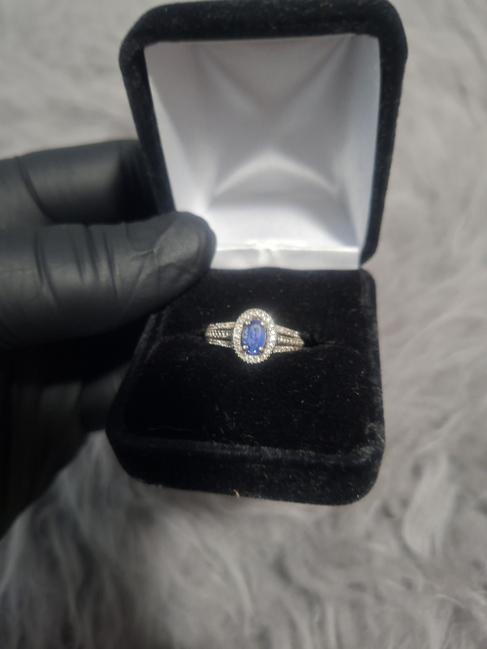 Blue Oval Halo Sapphire Ring in 10k White Gold